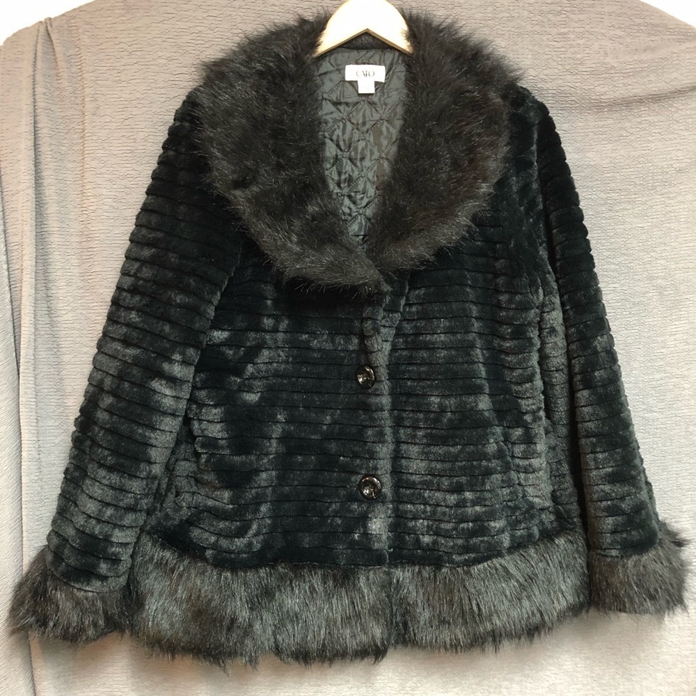 Cato, large, black, fake fur jacket with quilted interior